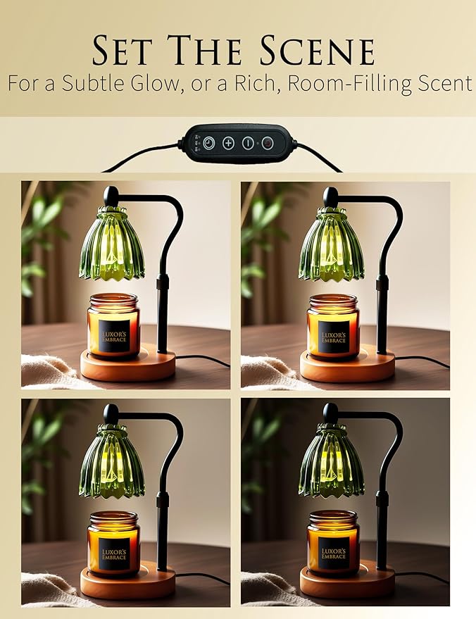 Green Candle Warmer Lamp with Timer - Wax Melt Warmer, Dimmable Electric Candle Lamp, Dark Academia Cottagecore Boho Decor, Adjustable Height, Genuine Wood Base, 2 Bulbs Included, Gift for Her
