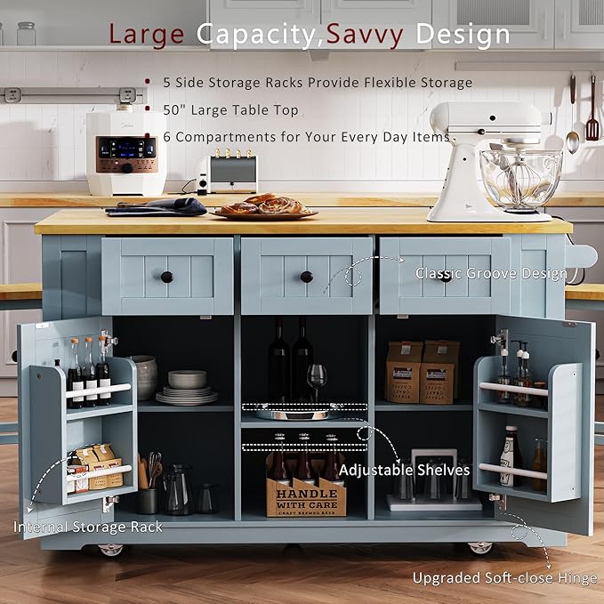 Kitchen Storage Island on Wheels with Drop Leaf & Power Outlet, Rolling Kitchen Island Cart with Open Side Racks, Door Shelves and Towel Bar, 53-Inch, Gray Blue