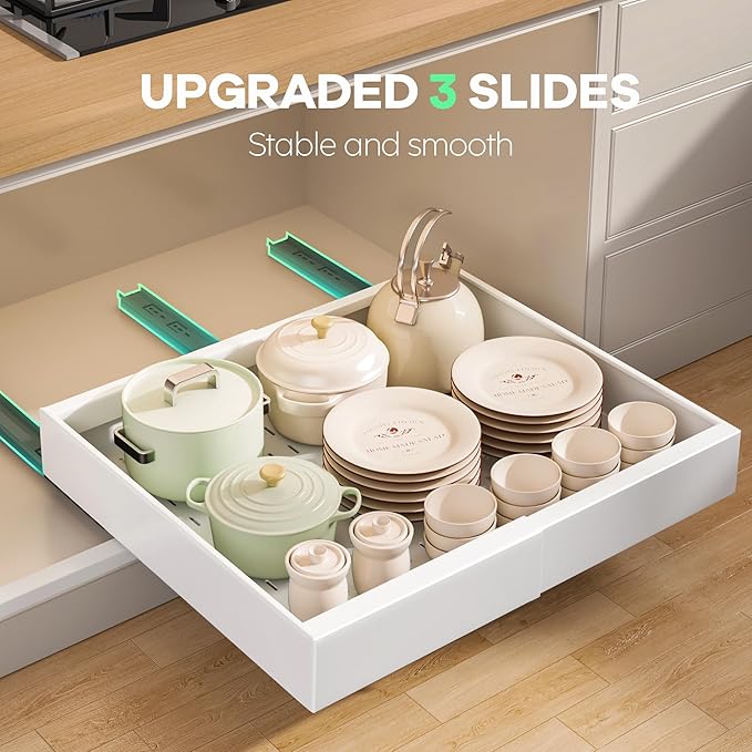 Seinloes 6 Pack Pull out Cabinet Organizer 21"Deep with Raising Pad for Framed Cabinets, Expandable Slide out Drawers for Kitchen Cabinets with 6pcs Divider Racks, Roll out Shelves 12.1"-20.4" W White