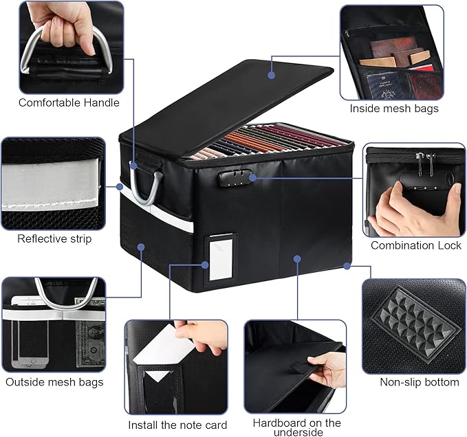 TOMKID Fireproof Document Box, Fireproof File Box with Lids, Important Document Organizer Box with Lock, Portable File Folder Organizer with Handle