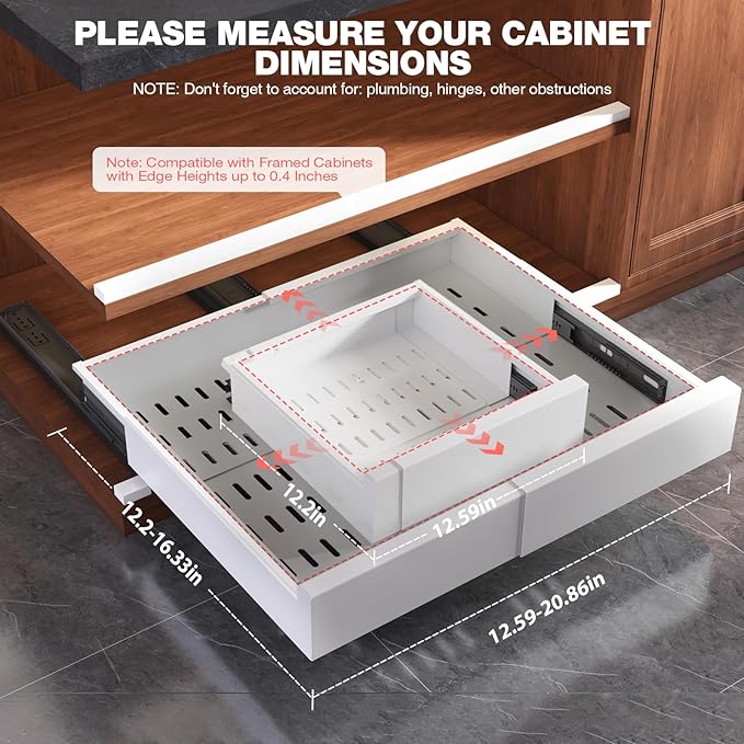2 Pack Pull Out Cabinet Organizer Expandable Width(13"-21") and Depth(13"-17"),Slide Out Drawers With Raising Pad for Framed Cabinets,No Drill Roll Out Shelves for kitchen,Bathroom,White