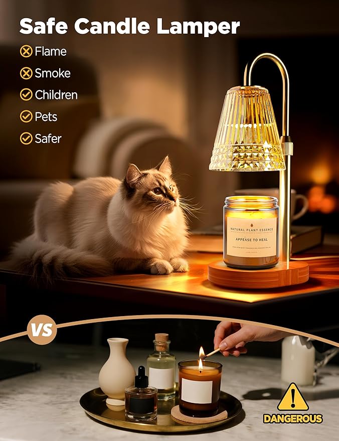 TATAANTY Candle Warmer Lamp with Timer, Wood Base Home Decor Candle Warmers, 4 Lights and 3 Timers. Table Lamp Birthday Gift for Women, Suitable for Bedroom, Offices, and Living Rooms