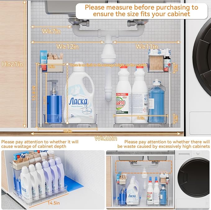 Yieach 2 Pack Under Sink Organizer,14.5″ Deep Sliding Inder Sink Organizer for Kitchen and Bathroom Under the Sink Organizer,2 Tier Undersink Organizers for Vanity,Under Counter Storage Organization
