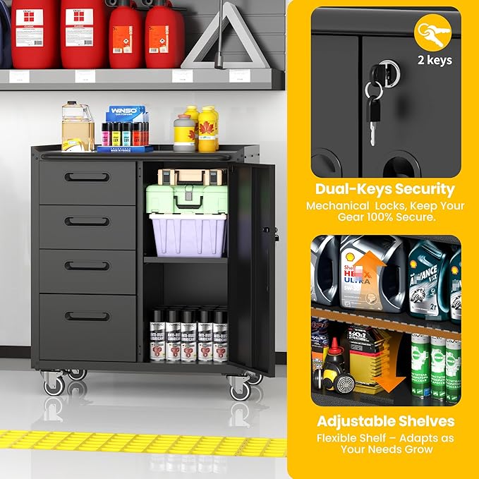 Garage Storage Cabinets with Wheels, Locking Metal Storage Cabinets with 4 Drawers and 1 Door, Easy Assembly Rolling Tool Cabinet for Garage, Basement,Warehouse
