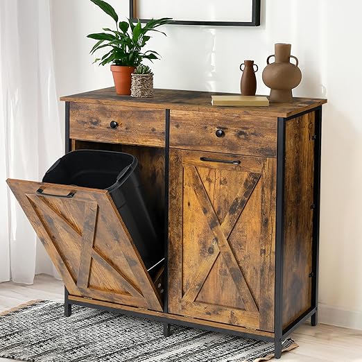 Clevich Double Tilt Out Trash Cabinet 20 Gal, Kitchen Wooden Recycling Cabinet, Hidden Garbage Can Holder w/Drawers & Tabletop, Dog-Proof Trash Bin Cupboard, Rubbish Bins NOT Included (Retro Brown)