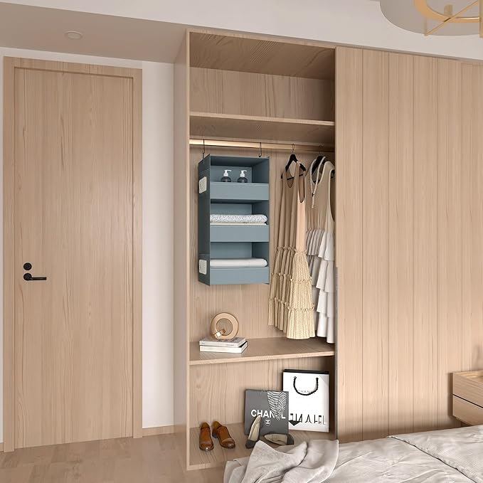 3-Shelf Hanging Closet Organizer and Storage, Foldable Hanging Closet Shelves Front Lip Design Washable Hanging Storage, 28" X 11-3/4" X 11-3/4", Gray