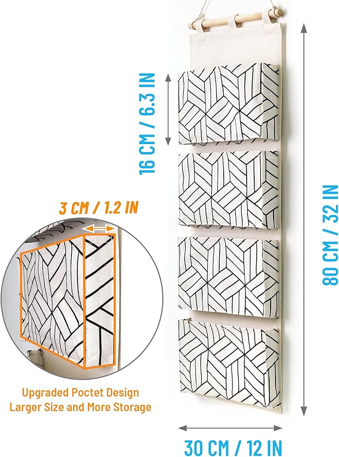CROWNED 2Pcs Over Door Hanging Storage Bags Wall Mount Closet Organizer, 4 Big Pockets Linen Cotton Fabric Living Room Bedroom Bathroom File Magazine Waterproof Free Hooks White