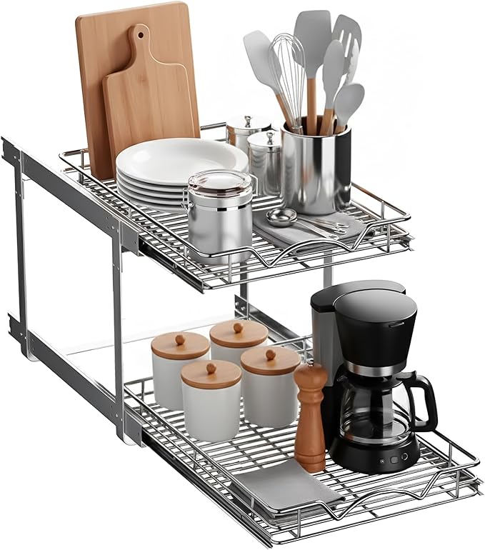 2-Tier Pull-Out Cabinet Organizer with Heavy-Duty Steel Frame, Full-Extension Sliding Shelves, Holds 100 lbs, Easy Install for Kitchen, Pantry & Under Sink Cabinets, 15" W x 21”D x 16.5" H