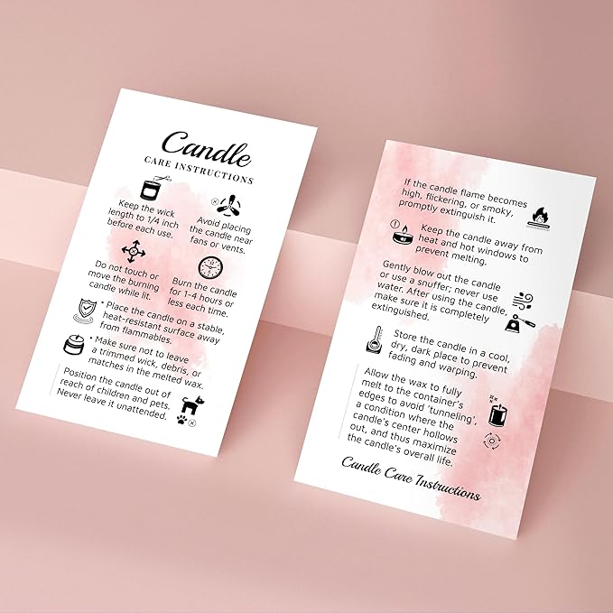 200 pack - Premium Handmade Candle Care Instruction Cards Pink White 2x3.5 in, Small Business | Soy Bees Wax Melt, Candle Makers, Making Supplies Kit Set, Containers, Jars, Package