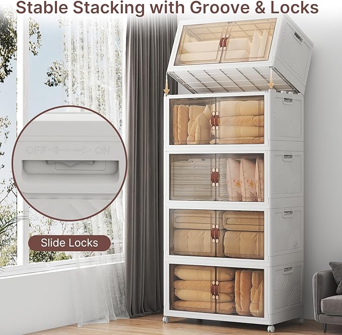 UAMFURI Stackable Storage Bins with Lids, 900QT Closet Organizers, Lockable Storage Cabinet，Foldable Storage Box with Doors and Wheels, Plastic Drawers for Home, Garage, Office (5, White, Extra Large)