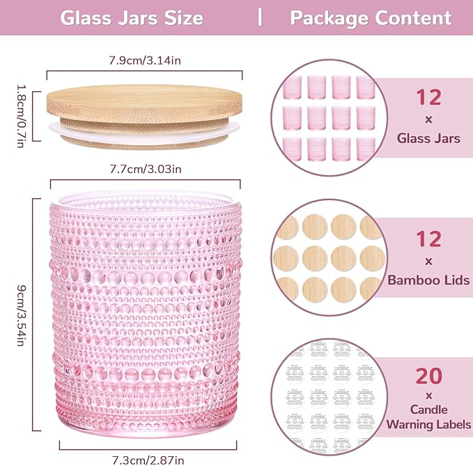 DARJEN 12 Pack Pink Candle Jars for Making Candles- 8 OZ Empty Glass Candle Making Jars with Bamboo Lids and Labels, Candle Containers Candle Making Jars for DIY Gifts