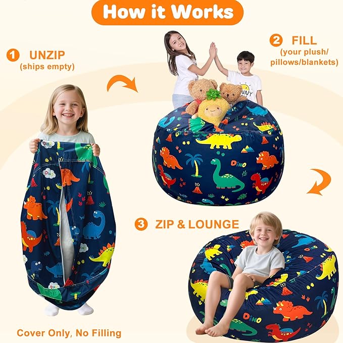 Lukeight Dinosaur Stuffed Animals Storage Bean Bag Chair Cover Only (Ships Empty, No Filling) - Velvet YKK Zipper Beanbag Cover for Big Kids Teens, Washable Plush Toy Organizer, XX-Large 36" D x 20" H