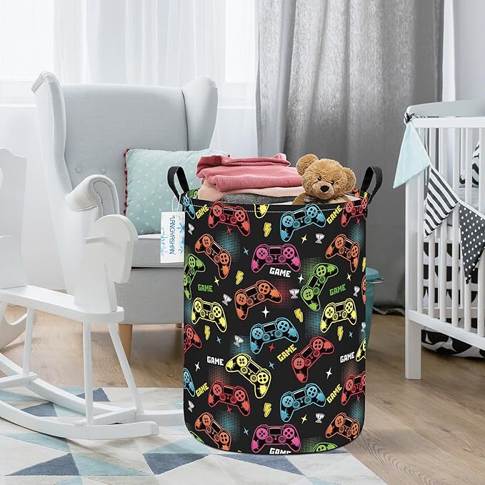 LANGYASHAN Laundry Basket Canvas Fabric Collapsible Organizer Basket for Storage Bin Toy Bins Gift Baskets Bedroom Clothes Children Nursery Hamper (Game)