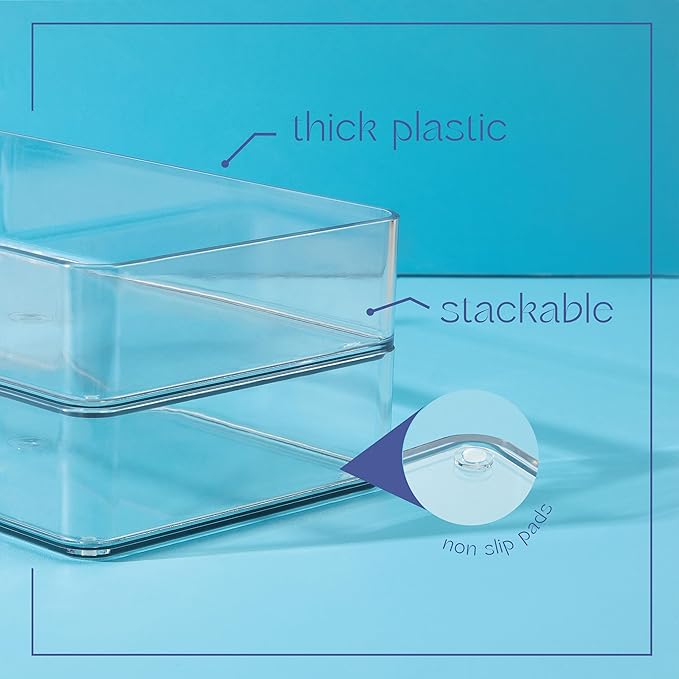 primebox Plastic Clear Drawer Organizers. Bathroom, Kitchen, Bedroom, Jewelry, Office Organizer Bins, Storage Trays. Heavy Duty, Stackable. 9" x 3" x 2" Set of 6
