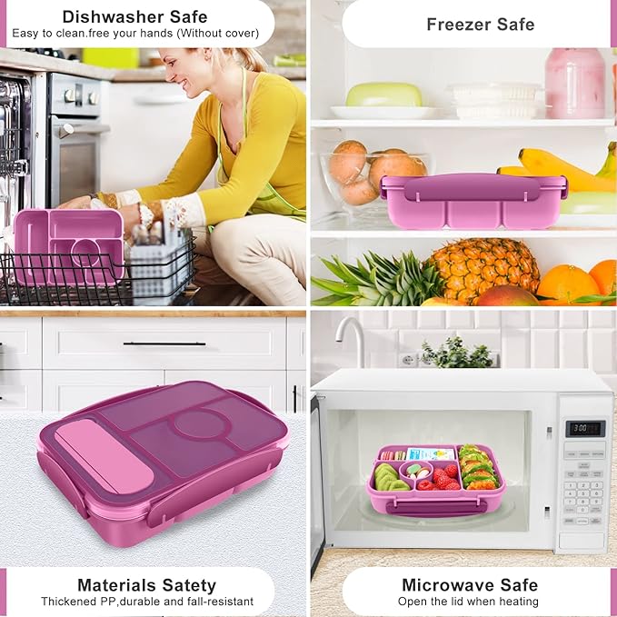 Lunch Box Kids,Bento Box Adult,Lunch Containers for Adults/Kids/Toddler,5 Compartments Bento Lunch Box with Sauce Vontainers,Microwave & Dishwasher & Freezer Safe(Purple)