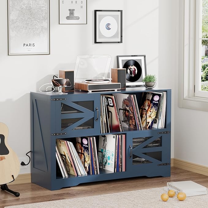 Large Record Player Stand with Vinyl Storage, 500+ Vinyl Record Storage Cabinet, 47 Inch Record Player Table with Power Outlet, Farmhouse Wooden Turntable Stand for Living Room, Blue