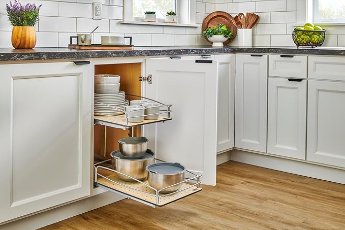 Rev-A-Shelf 2 Tier Pull Out Kitchen Cabinet Storage Organizer with Solid Bottom & Undermount Soft-Close Full Extension Slides, 54BK-12SC-2-1