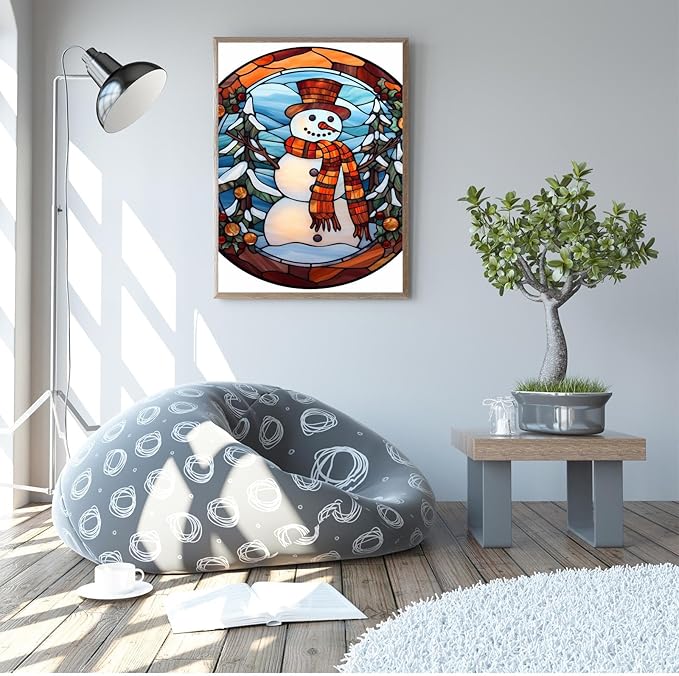 GUAIEUW Winter Stained Glass Snowman Diamond Painting Kits 5D Full Round Diamond Painting Art, Season Theme Canvas HD Picture DIY Diamond Dot Painting, Home Wall Decor Gift 18x24 Inch