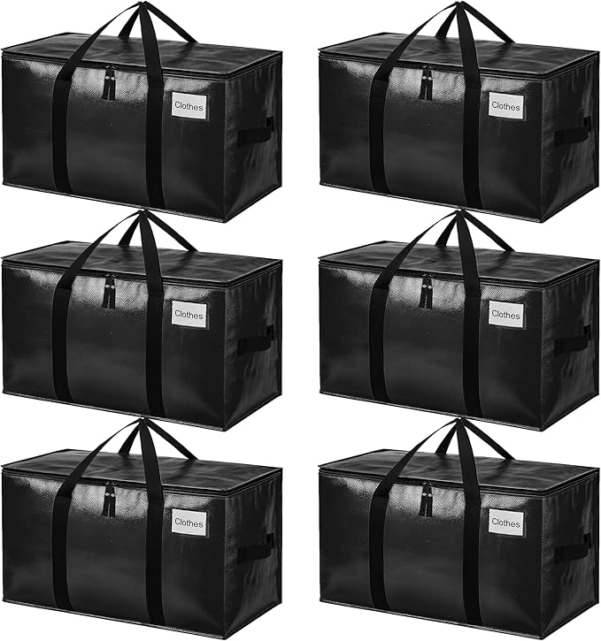 BAGAIL Heavy Duty Moving Bags with Strong Handle, Extra Large Moving Boxes, Storage Tote for Clothes, College Moving Supplies(Black, 6 Pack)