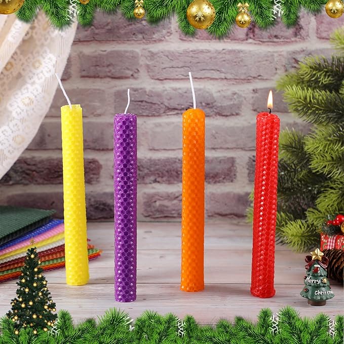 Moinchore 24 Pcs Beeswax Candle Making Kit, 8 x 8 Inch Vibrant Colors Beeswax Sheet for Candle Making with 1 Roll Cotton Wick, DIY Craft Rolling Supplies for Christmas Handmade Crafts Gift(Multicolor)
