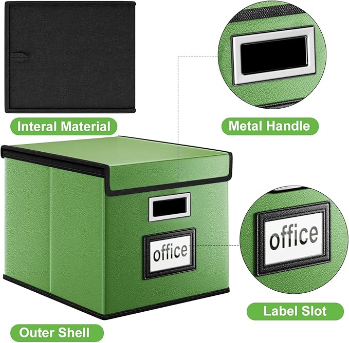 Huolewa Portable Leather File Organizer Boxes with Lids, Office Document Boxes Organizer, Filing Boxes, Decorative Small File Boxes for Hanging Files, File Cabinet for Office/Home - 4 Pack