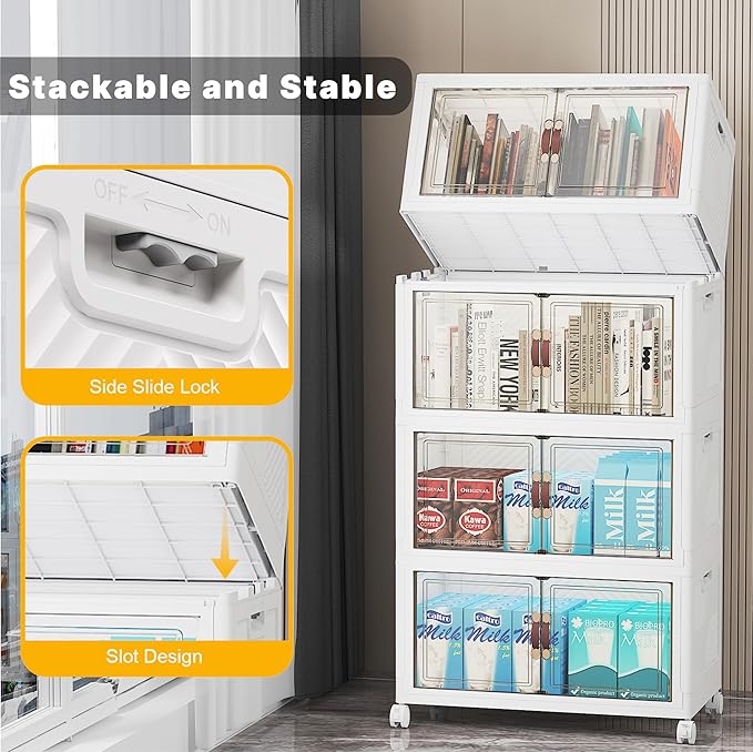 Stackable Storage Bins with Lids, 208QT Closet Organizers and Storage with Doors and Wheels, Extra Large Storage Cabinet, Collapsible Plastic Drawers for Bedroom Dorm Office Garage