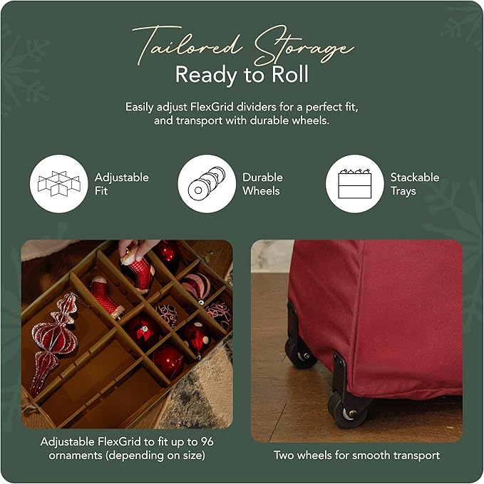 Covermates Keepsakes Rolling Adjustable Ornament Storage Bag – Heavy-Duty Polyester, FlexGrid Trays & Padded Dividers – Protective Holiday Organizer with Wheels, Handles & ID Window, Red