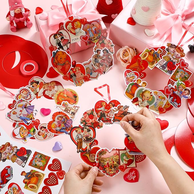 Hollowfly 48 Sets Vintage Valentine's Day Wreath Craft Kits for Kids DIY Heart Wreath Hanging Ornaments Make Your Own Paper Craft for Valentine's Day Home Party Favors School Classroom Activities
