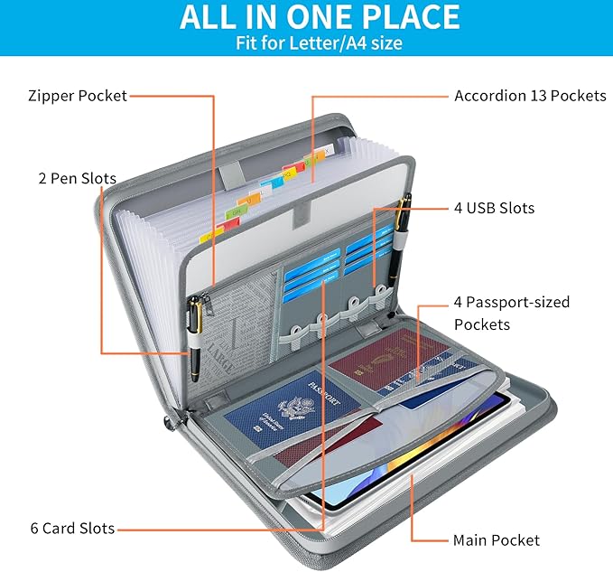 Andyer Accordion File Organizer with Lock, Fireproof Expanding File Folder with Tabs, 13 Pockets Important Document Organizer with Handle, Portable Paperwork Business Organizer, Letter/A4-Size (Gray)