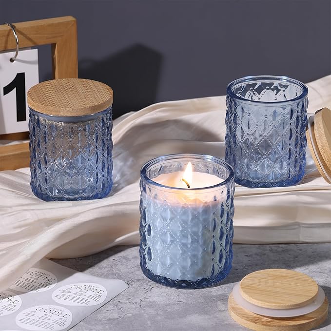 NITIME 15pcs 7.5oz Blue Candle Jars for Making Candles, Glass Candle Vessels with Bamboo Lids and Sticky Labels, Candle Containers for Making Candles and Candle Making Supplies