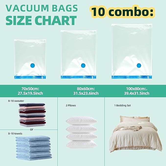 Vacuum Storage Bags with Electric Pump, Vacuum Seal Space Saver Bags for Clothes, Clothing, Blanket Bedding Comforters, Combo 10 pack