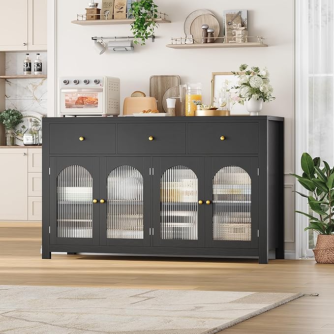 FINETONES Buffet Cabinet with Storage, 55.1" Large Sideboard Buffet Farmhouse Kitchen Cabinet with 3 Drawers and 4 Doors, Wood Coffee Bar for Kitchen, Black