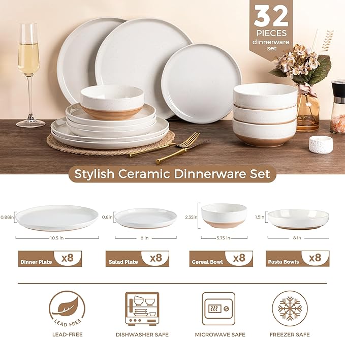 AmorArc Ceramic Dinnerware Sets with Pasta Bowls for 8, Handpainted Plates and Bowls Set with Rustic Terracotta Underside, Scratch Resistant Dishes Set, Dishwasher & Microwave Safe, 32 Pcs