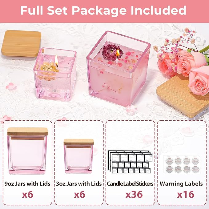 CONNOO 12 Pack 9oz, 3oz Pink Square Candle Jars for Making Candles, Thick Glass Bulk Empty Candle Containers with Airtight Bamboo Lids for Candle Making, Sticky Warning Labels - Dishwasher Safe