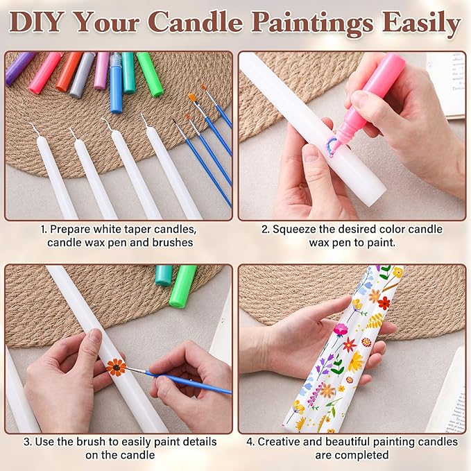 MTLEE 48 Pcs DIY Candle Painting Kit Include 16 White Taper Candles 16 Vibrant Colors Candle Wax Pen 16 Paint Brushes for DIY Crafts Festival Birthday Wedding Party Favors(9.8'')