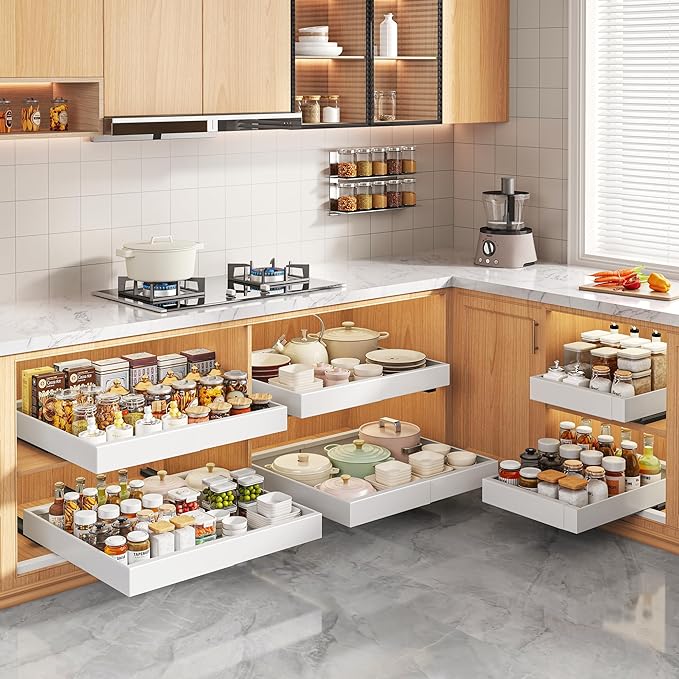 Seinloes 2 Pack Pull Out Cabinet Organizers 16.5" Deep With Raising Pad for Framed Cabinets,Expandable Slide Out Drawers Upgrade 3 Slide Rails,Roll Out Shelves,Adjustable Width 12.1"-20.45" White