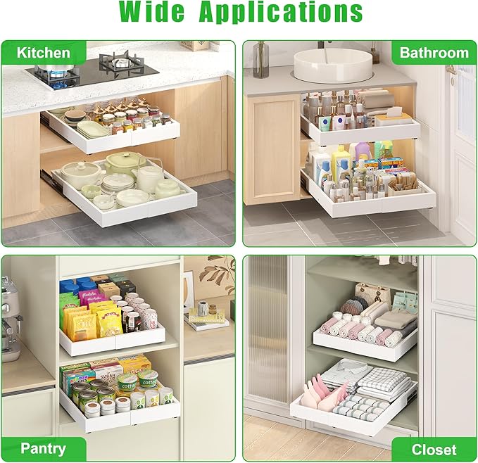 1 Pcs Pull Out Drawers for Cabinets Organizer Expandable Width(11.8"-19.4"), Depth(16.45"-21.7") With 3 Rails, No Drill Roll Out Drawer, Adhesive Sliding Drawers