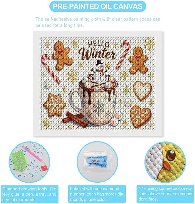 Diamond Painting Kits for Adults - Hello Winter Ice Cream & Gingerbread Snowflakes & Candles Painting DIY 5D Full Drill Diamond Dots Paintings with Diamonds Gem Art And Crafts Home Decor 16"x20"