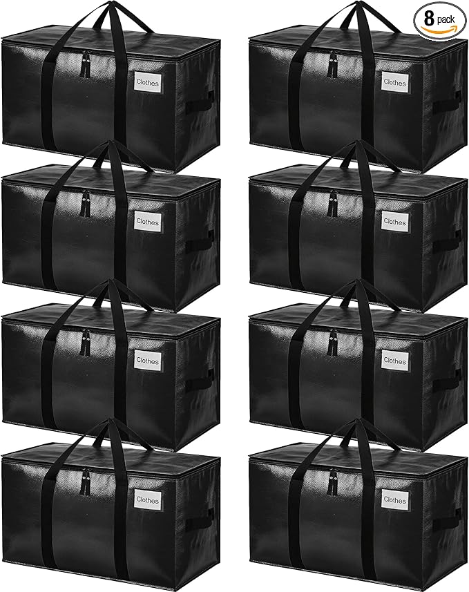 BAGAIL Heavy Duty Moving Bags with Strong Handle, Extra Large Moving Boxes, Storage Tote for Clothes, College Moving Supplies(Black, 8 Pack)