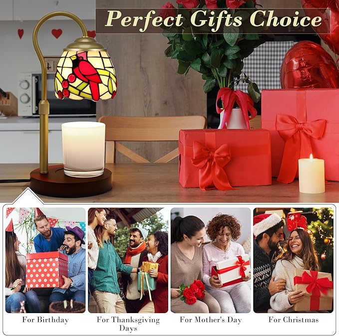 Candle Warmer Lamp with Timer Dimmer, Adjustable Height Candle Warmer for Jar Candles, Birthday Gifts for Women New Home Bedroom Decor Tiffany Red Cardinal Style Stained Glass with 2 Bulbs