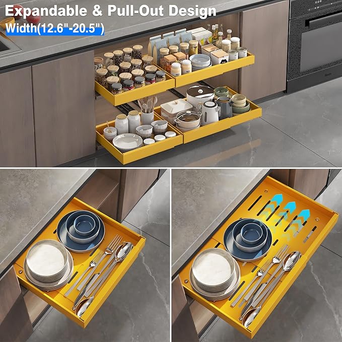 2 Pack Pull Out Cabinet Organizer, Expandable Slide Out Drawers for Kitchen Cabinets Peel and Stick Pullout Drawer Heavy Duty Sliding Shelves for Cupboard, Pantry, Bathroom(16.5" Deep, Yellow)