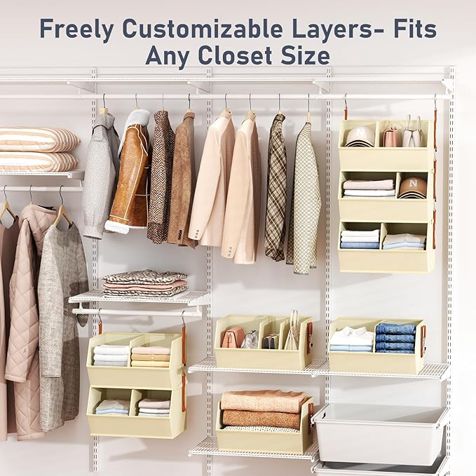 Hanging Closet Organizer Extra Large, Clothes Hanging Shelves for Closet with Divider, Collapsible Closet Storage System, Fabric Storage Bins for Home, Dorm, Rv, Sweaters, Handbags, Underwear, Sock