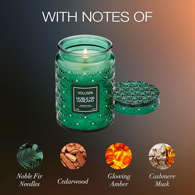Voluspa Noble Fir Garland, Large Candle Jar, 18oz, Coconut Wax Blend, Scented Candles for Home, 100 Hour Burn Time, Poured in The USA