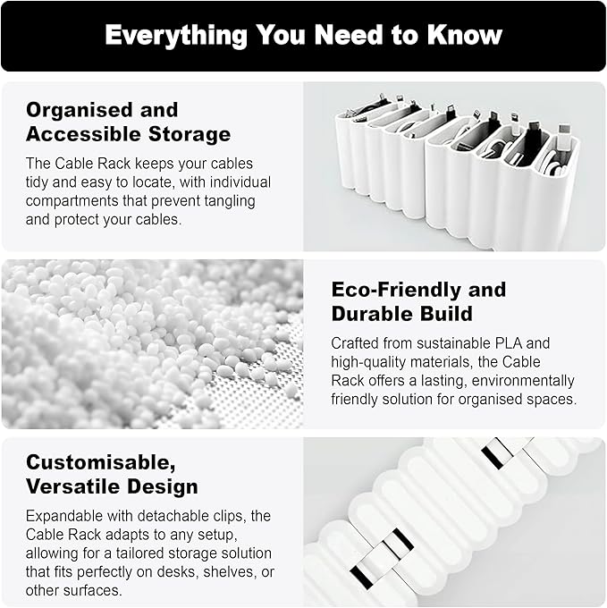 Cable Management Organizer Cord Management, Multiple Slots for Home, Office, Desk, Workshop, Durable Plastic Connectable Cable Organizer, Tangle-Free, Expandable Storage, White