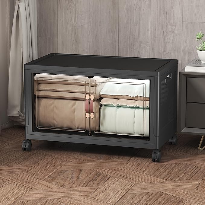 UAMFURI Extra Large Stackable Storage Bins with Lids & Wheels, Foldable Collapsible Closet Organizers Dark Storage Cabinet with Doors for Bedroom Dorm