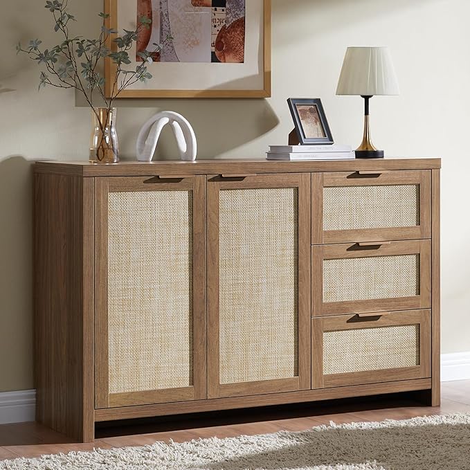 OAKHAM HOME Kitchen Storage Cabinets, Buffet Cabinet with Storage Rattan Sideboard Cabinet Organizer 3 Drawers and 2 Doors Accent Console Table for Kitchen Hallway Living Room bar (Special Walnut)