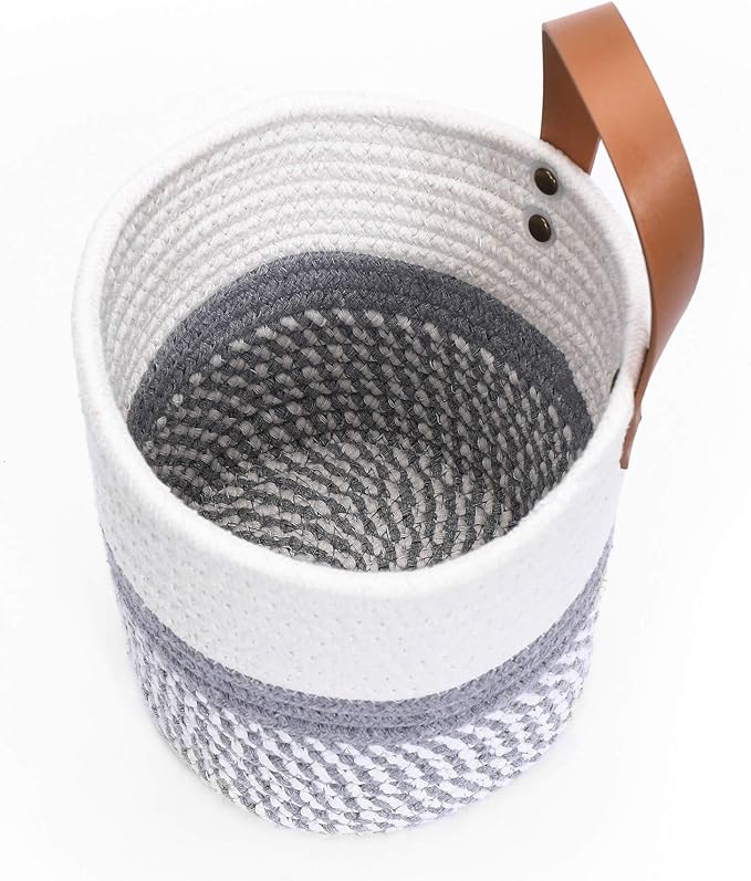 Wall Hanging Basket, Small Woven Hanging Baskets for Organizing, Decorative Wall Basket for Plants and Flowers,Hanging Storage Organizer for Wall Decor,Plant Holder 6.3" x 7" (White & Grey)