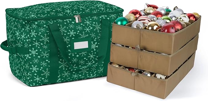 Covermates Keepsakes Adjustable Ornament Storage Bag – Heavy-Duty Polyester, Padded Dividers & FlexGrid Trays – Protective Holiday Ornament Organizer with Handles & Label Window, Green Snowflake