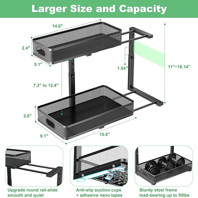 Under Sink Organizer, High Adjustable 2 Tier Under Sink Organizers and Storage, Slide out Metal Cabinet Organizers, Pull out Storage Drawer Shelf for Kitchen Bathroom Cabinet (1, Black)