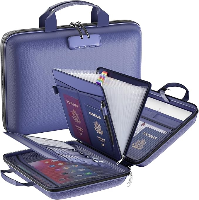 Fireproof File Organizer with Lock, Hard Case Fireproof Document Box with 13 Pockets Accordion File Folder, Important Document Organizer for Letter A4 Files Laptop Passports (Blue)
